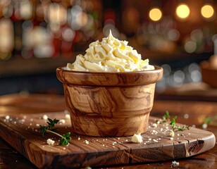 Close Up of Whipped Butter in Wooden Bowl on Wooden Board with Bokeh Background