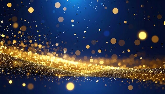 Dynamic blue background with golden particles in a flowing wave pattern, illuminated bokeh highlights