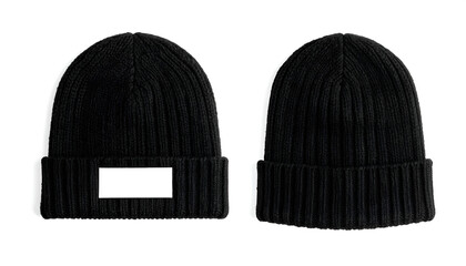 black beanie hat apparel for man playing sport on cold winter season,. two beanies cap for happy holiday leisure on chill outdoor with transparent and white background.  one with blank label.