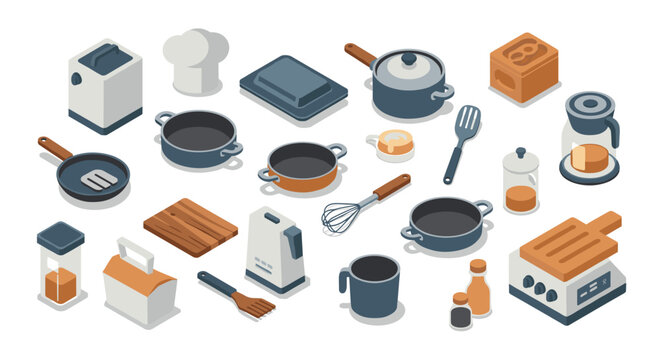 Modern isometric kitchenware collection with cooking utensils and appliances