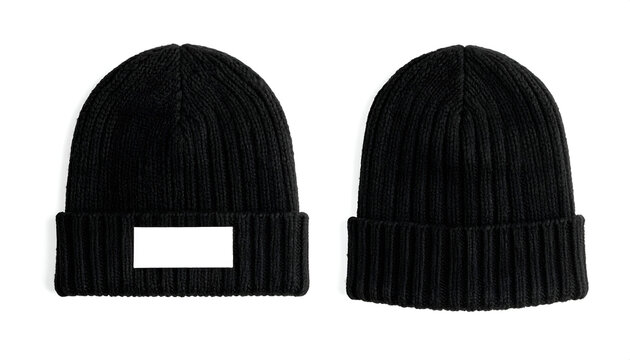 black beanie hat apparel mockup for man playing sport on cold winter season,. two beanies cap for happy holiday leisure on chill outdoor with transparent and white background.  one with blank label.