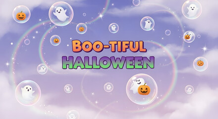 Fototapeta premium Boo-tiful Halloween Celebration with Cute Ghosts and Pumpkins in Bubbles