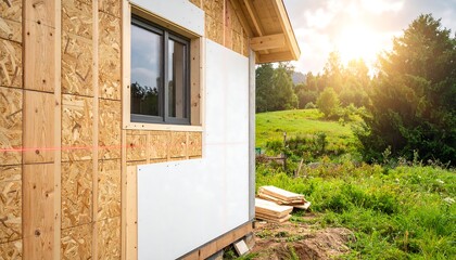 Exterior view of a building under construction; includes wooden frame, window, and sheathing. Sunny scene with green grass and trees