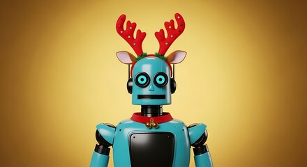 Festive blue robot with reindeer antlers and bells ready for holiday cheer and fun