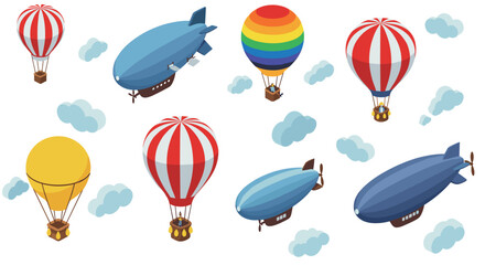 Fototapeta premium Colorful hot air balloons and airships flying in a cloudy sky