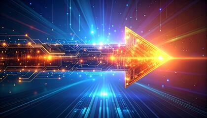 Dynamic digital arrow composed of circuit board lines, leading the viewer through a vibrant, tech-focused landscape. Illuminated with light bursts