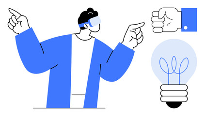 Man wearing VR headset pointing in two directions, a hand gesture, and light bulb symbolizing creativity. Ideal for technology, innovation, creativity, brainstorming, leadership, virtual reality