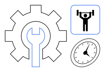 Gear with wrench symbolizing maintenance, clock for time management, weightlifting figure for strength. Ideal for productivity, fitness, repair, organization, efficiency, time management simple flat