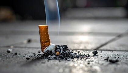 Extinguished cigarette butt with rising smoke rests on a gray, tile-like surface with blurred background