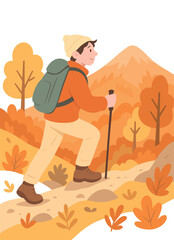 A man hiking in the mountains during autumn. Colorful orange and yellow trees surround the path, symbolizing outdoor adventure and fall vibes. Vector flat illustration.