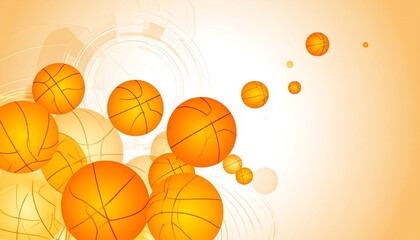 Dynamic graphic featuring several basketballs in various sizes and positions, with transparent layers and a gradient orange background