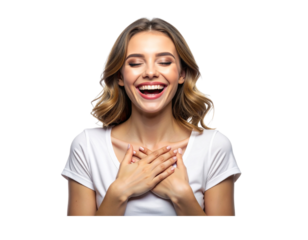 Happy Young Woman Laughing with Hands on Chest, Front-Facing Portrait, Isolated on Transparent Background