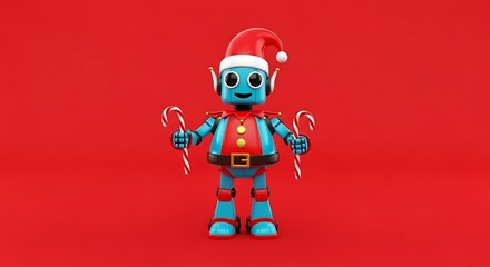 Joyful blue robot with festive Santa hat and candy canes celebrates holiday cheer