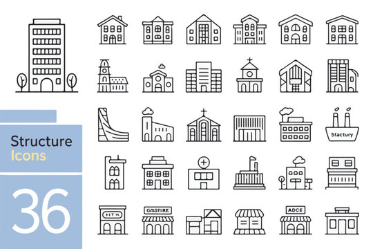 Collection of Minimalist Line Art Architectural Building Illustrations