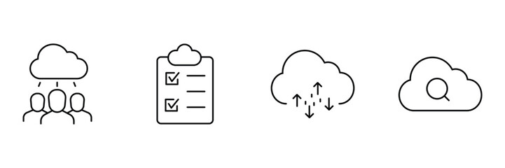 Cloud team, cloud checklist, cloud upload download, cloud search icon set, technology data management vector illustration, minimal network symbol.