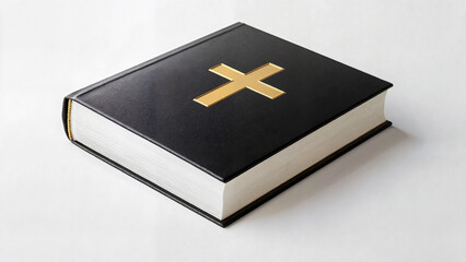 Black Bible with gold cross on white background for funeral, religious service brochures, symbolic advertising, awareness campaigns, funeral announcements, obituary visuals, service website branding
