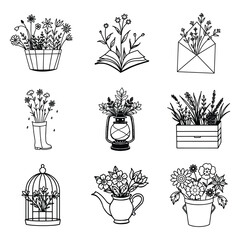 Collection of illustrated flowers presented in diverse decorative planters and pots with vibrant color options
