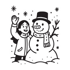 Cheerful girl building a whimsical snowman on a snowy day, perfect for holiday cards, winter promotions and family-friendly content creation this season