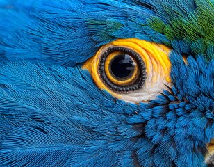 Extreme close-up captures vibrant eye of a parrot. Feathers of blue, green, and yellow blend, framing the dark pupil with intricate details