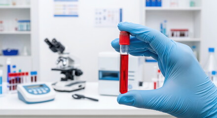 Gloved hand holding a blood sample tube in a medical laboratory, crucial for diagnostics and research.