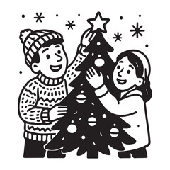 Festive joy! Children decorate Christmas tree with star and ornaments, creating a heartwarming holiday scene perfect for family celebrations and seasonal cheer