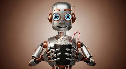 Friendly robot enjoying a festive holiday drink with whipped cream and candy cane