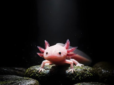 Close up Salamander axolotl in the stone and black background