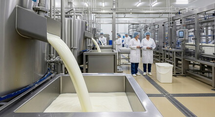 Modern dairy factory with milk flowing into vats. Workers in lab coats oversee hygienic food production, ensuring quality control and safety.