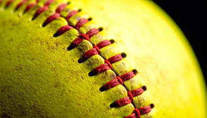 Extreme close-up of a bright yellow sphere with red stitching. The texture is rough and the focus is sharp on the seam. Black background