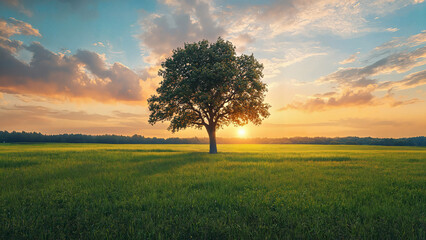 Obraz premium Solitary tree in a green field at sunset, symbolic of life after death, funeral announcements, obituary visuals, service website branding
