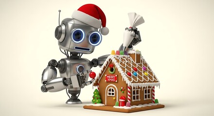 Whimsical robot decorates festive gingerbread house for Christmas, bringing holiday cheer and innovation