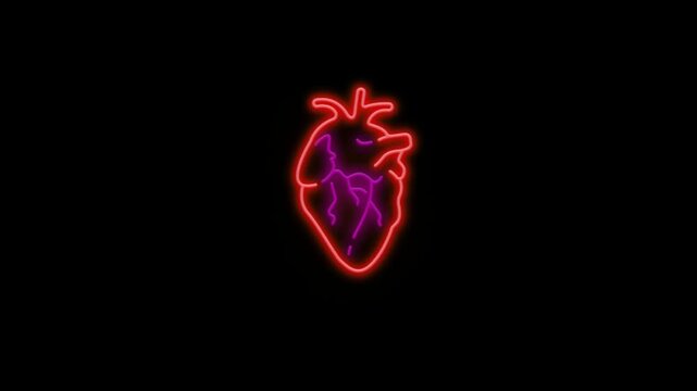 Human heart organ illustration with bright neon glow and vivid pink veins isolated on transparent background.