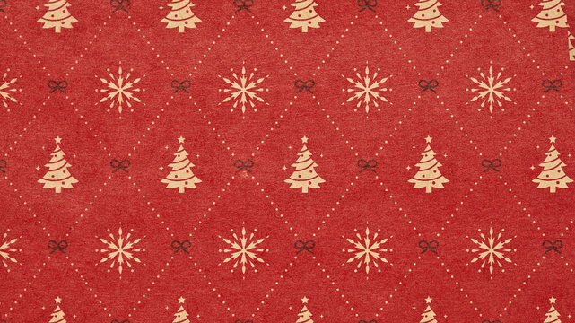 red Christmas background with snowflakes and christmas trees,seamless pattern of christmas trees and snowflakes on red background,Christmas wrapping paper, Xmas pattern with ornaments.