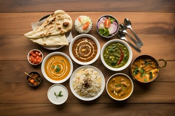 Authentic Indian thali with naan, rice, and curry bowls showcasing traditional North Indian cuisine, spices, and colorful restaurant meal presentation.
