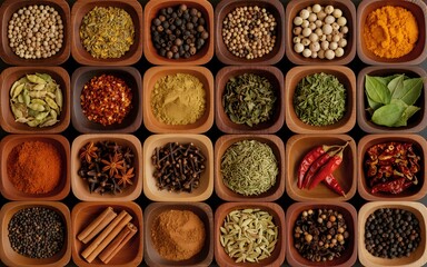 Vibrant Indian spices and herbs arranged in wooden bowls showcasing colorful textures, natural ingredients, and aromatic culinary flavors for cooking inspiration.