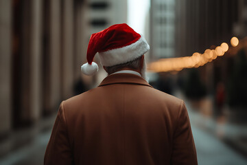 An older man in a suit wears a Santa hat while walking down a city street with blurred background lights. Represents winter holidays and urban Christmas celebrations.