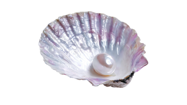 Iridescent shell holds a perfect white pearl inside