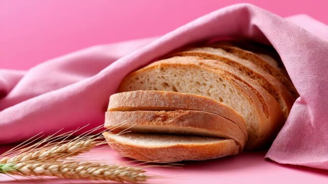 Sliced loaf bread emerging from pink fabric with wheat stalks on pink background