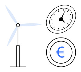 Wind turbine with rotating blades, analog clock, and euro sign. Ideal for green energy, economic efficiency, sustainability, cost analysis, time management, environmental conservation renewable