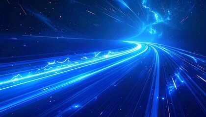 Dynamic, stylized representation of a cosmic highway. Bright blue streaks of light carve through a dark, starry void. Perspective is bold