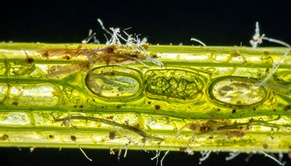 Extreme close-up of a submerged plant showing intricate cellular structure. Small organisms are visible. Vivid green, brown, and clear
