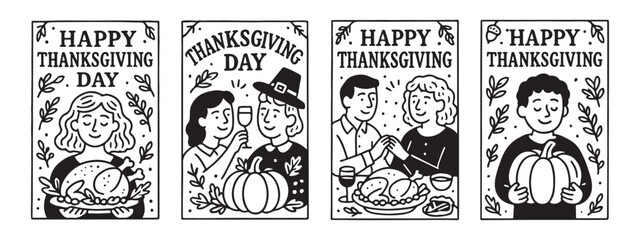 Celebrate joyful Thanksgiving moments with loved ones, featuring festive scenes of family, food, and gratitude in charming hand-drawn style