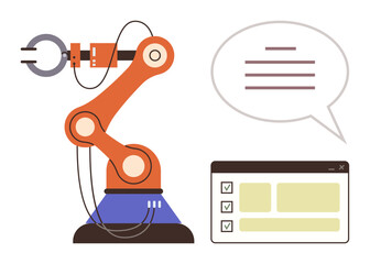 Robotic arm performing tasks next to a checklist and speech bubble for instructions. Ideal for automation, robotics, technology, innovation, industry, engineering, AI. Simple flat metaphor