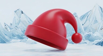 Vibrant red Santa hat rests on snowy ground with icy mountain backdrop