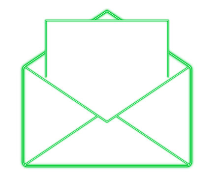 A green neon envelope with a sheet. The icon of an open envelope with a piece of paper for web design. Illustration, on a transparent background.