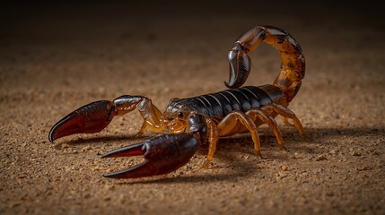 A close up shot of a scorpion with its pincers open on a sandy surface with a blurred background