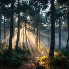 Sunlight Beaming Through Mystical Pine Forest at Dawn