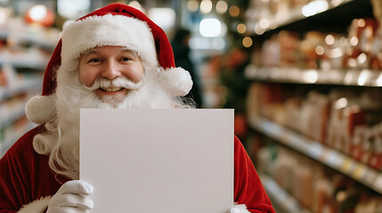 Santa Claus in a festive setting, holding a blank sign and smiling for the holiday season. He's got a cheerful expression and is ready to spread holiday cheer, what will he say?