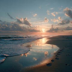 Tranquil Sunset Over Ocean Waves with Reflections on Sandy Beach