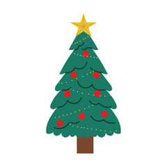Christmas tree with gold star and red balls. Festive decorated pine with garland and ornaments. Flat vector illustration isolated on white background.